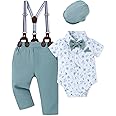 WESIDOM Baby Boy Clothes Suit 0-24M Infant Gentleman Wedding Outfit, Shirt+Bowtie+Beret+Suspender Pants Clothing Set