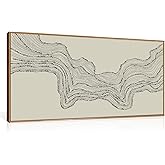 HLNIUC Neutral Abstract Framed Canvas Wall Art Set, Black Beige Wave Line Wall Decor, Large Minimalist Painting, Modern Geome
