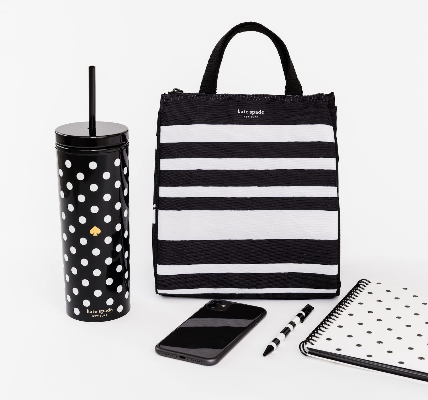 kate spade new york Black Portable Soft Cooler Lunch Bag, Thermal Tote with Silver Insulated Interior Lining and Storage Pocket, Sarah Stripe