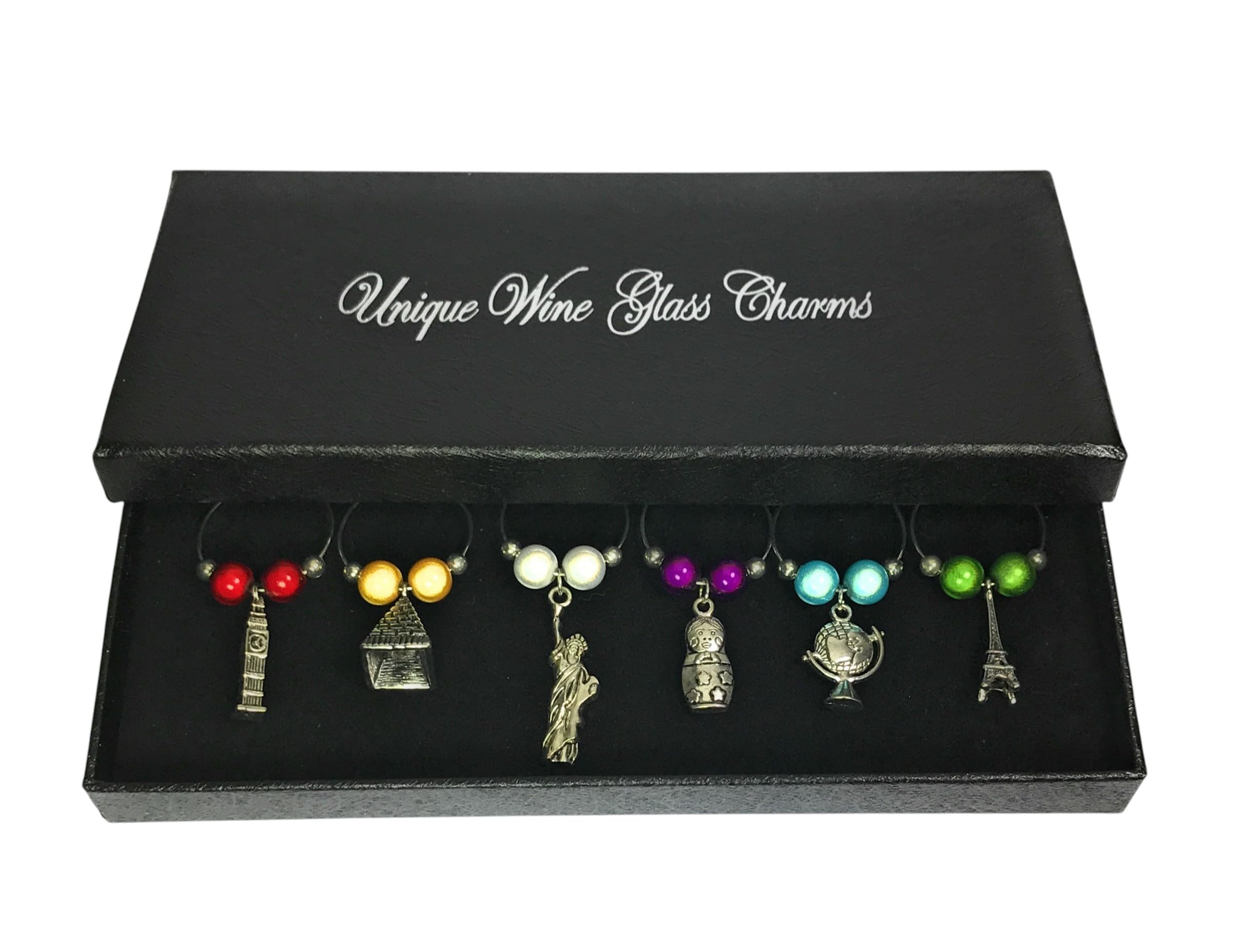 Libby's Market Place Set of 6 Around the World Wine Glass Charms with Gift Box