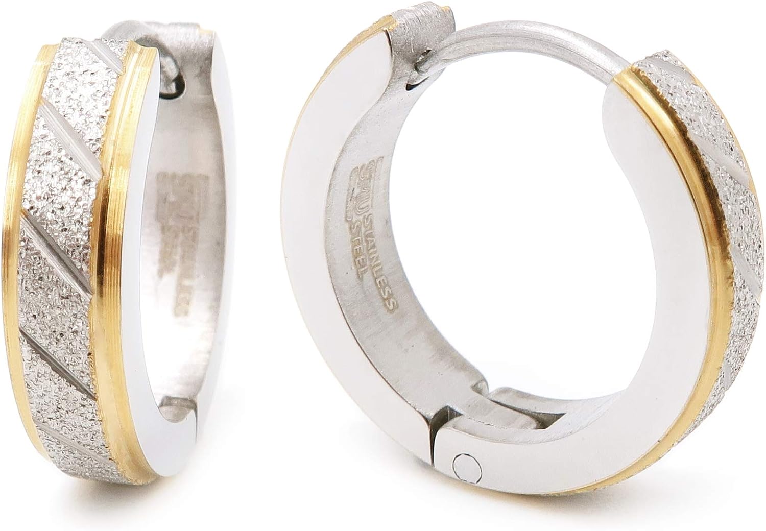 Stainless Steel Mens Hoop Earrings Stripe Bevel Edge Black Gold Color 16mm