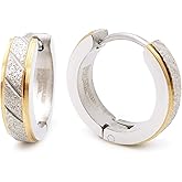 Stainless Steel Mens Hoop Earrings Stripe Bevel Edge Black Gold-tone Color 16mm