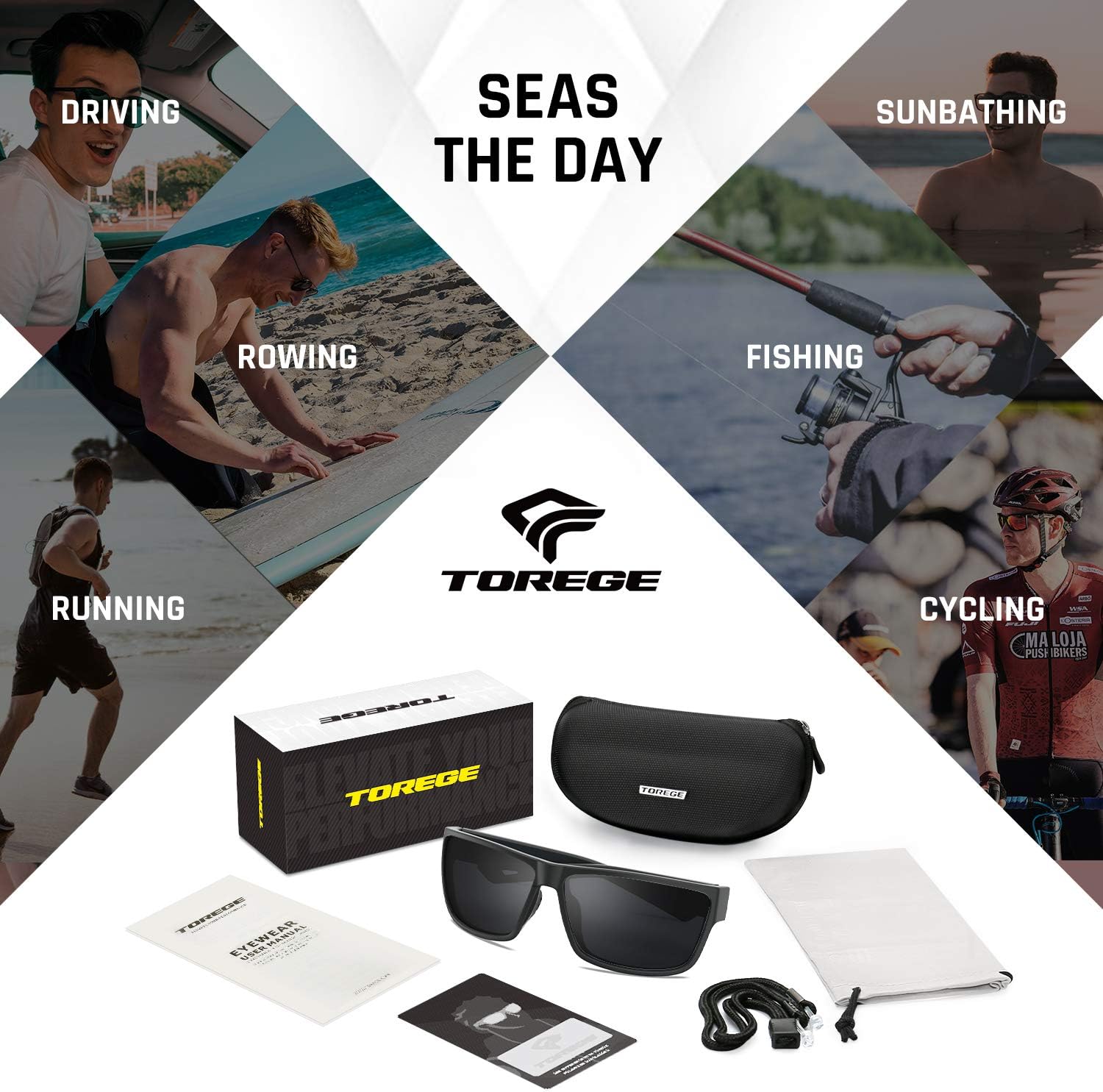 TOREGE Polarized Sports Sunglasses for Men and Women Cycling Running Golf Fishing Sunglasses TR26 (Black Frame & Grey Lens): Clothing