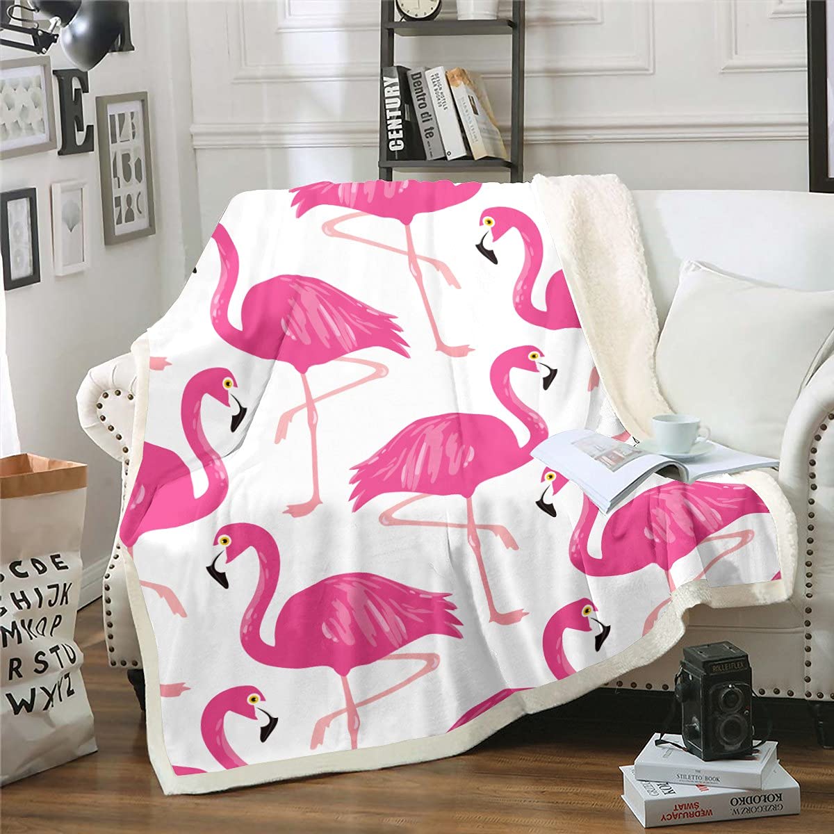 Homemissing Fleece Throw Blanket With Tropical Flamingo Sherpa - Watercolor Rose Red Plush Blanket For Kids Boys Girls - Cute Animal For Sofa Bed, Single 50x60 Inch