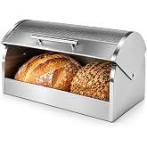Oggi Stainless Steel Roll Top Bread Box for Kitchen Countertop with Tempered Glass Lid - Fits Multiple Large Loaves of Bread and Other Freshly Baked Goods Including Cookies, Bagels, Muffins