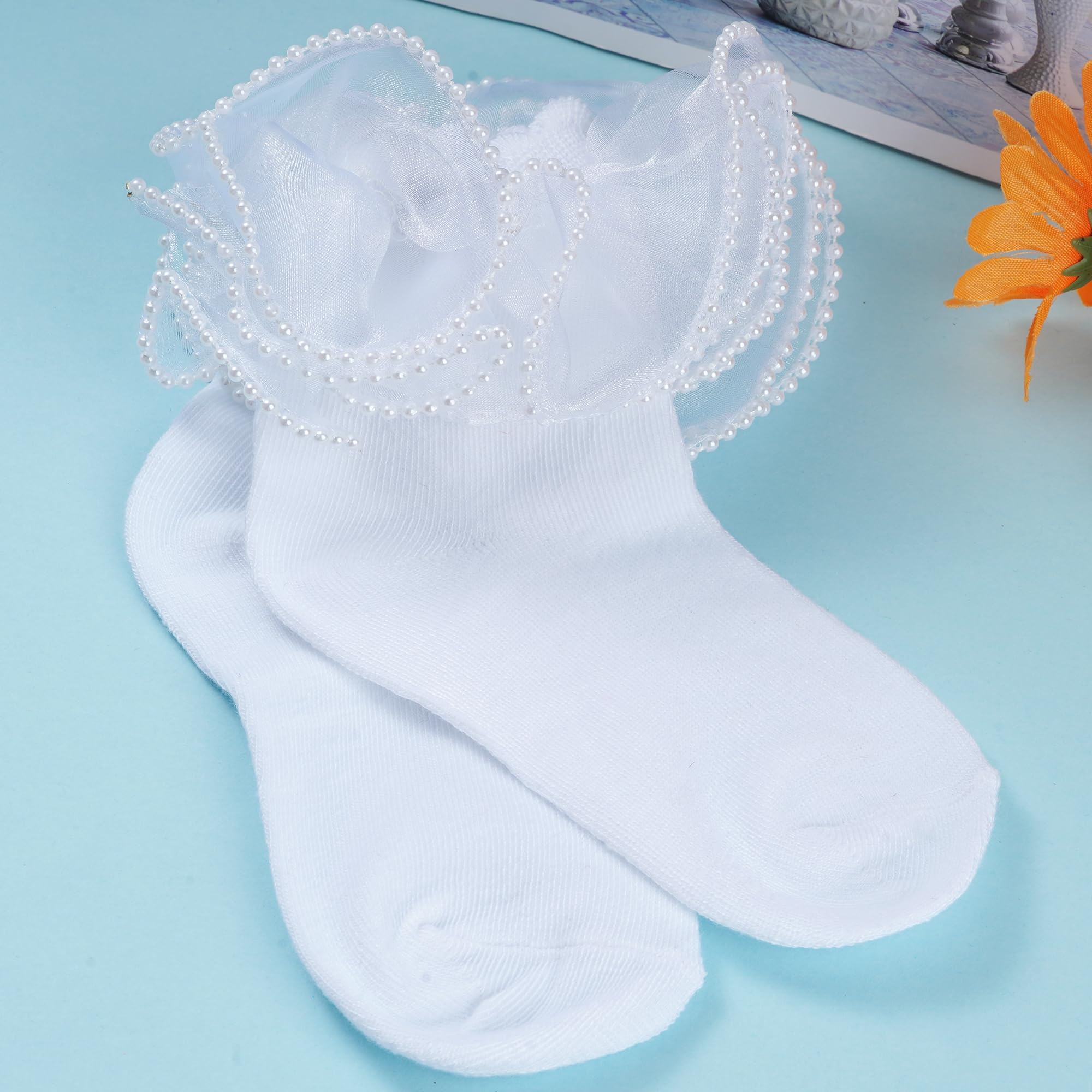 Pistha 2 Pack Girls Frilly Ruffle Socks Cute Pearls Lace Socks for Toddler Little Girls Dress and Daily