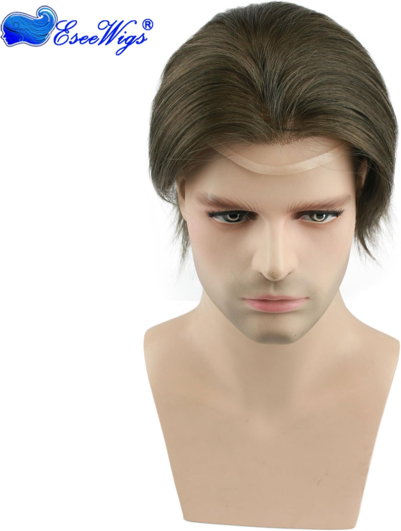 Eseewigs #6 Men's Hairpiece European Virgin Human hair Toupee for Men with 10x8" Soft French Lace Cap and clearly PU Brown Color Men's Hairpiece Replacement System