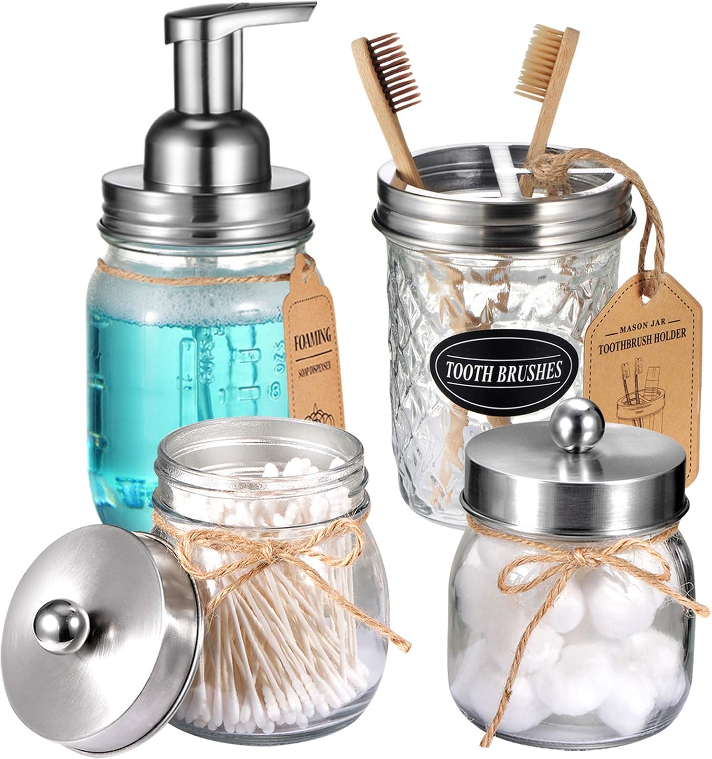 Mason Jar Bathroom Accessories Set 4 Pack - Foaming Soap Dispenser&2 Qtip Holders&Toothbrush Holder-Rustic Farmhouse Decor Bathroom Organizer Apothecary Jar Country Countertop (Brushed Nickel): Home & Kitchen