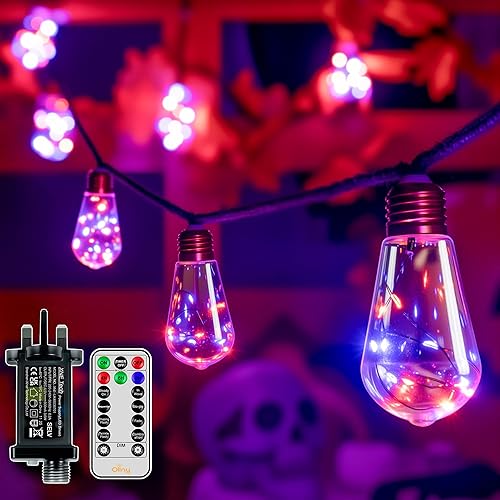 Ollny Halloween Lights 6m Hemp Rope Festoon Light Mains Powered, Fairy String with 16 S17 Bulbs/160 LEDs/Remote/Plug/Modes/Timer, Purple and Orange Lighting for Indoor Outside Outdoor Garden Decs