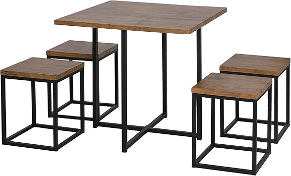 Amazon Com Homcom 5 Piece Dining Room Table Chair Set Square Board Steel Space Saving With Stools Walnut Wood Color Table Chair Sets