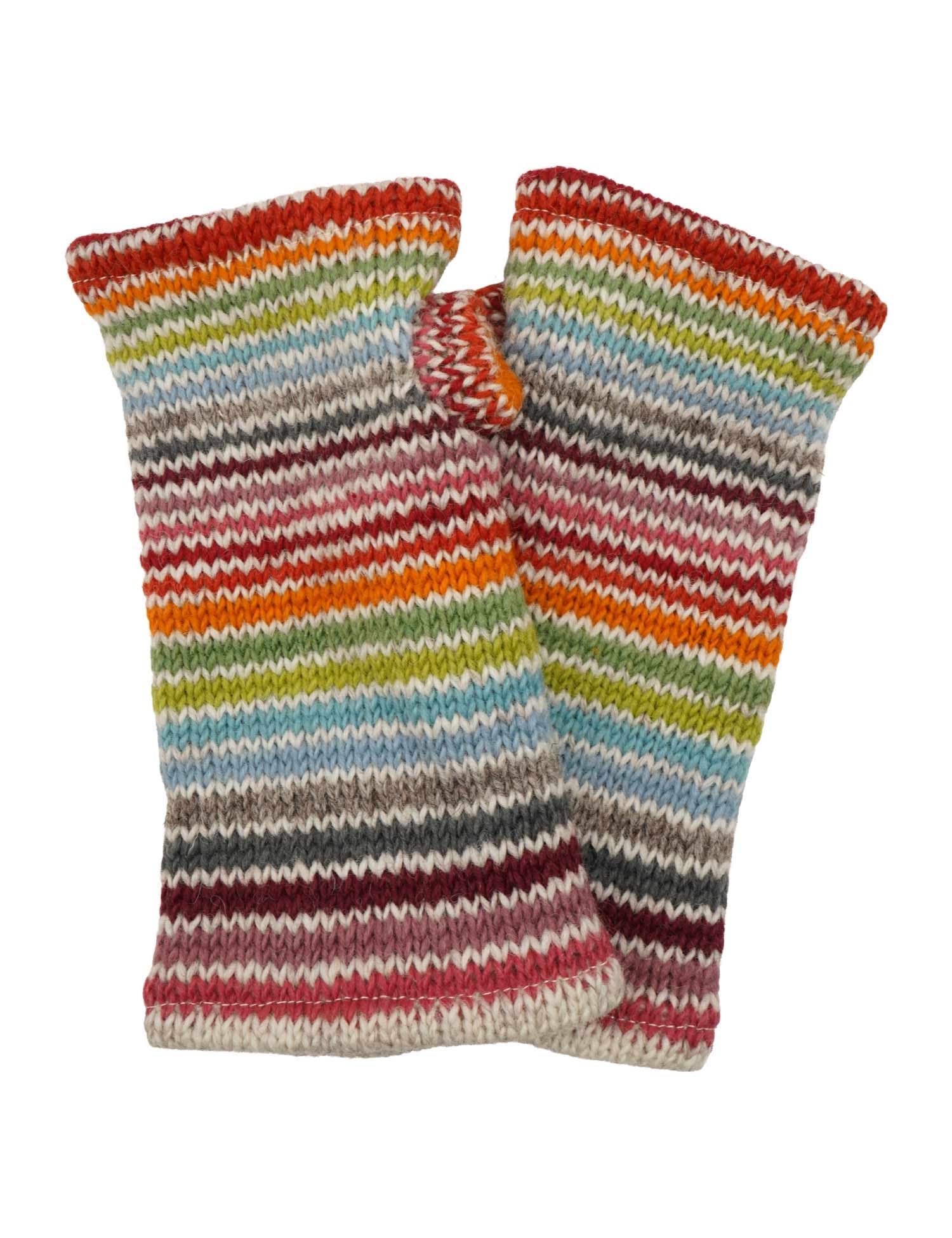 Pachamama Women Wool Hand Wrist Warmers Fleece Lined Handknitted Stripe Multicoloured One-Size Handmade Thumbhole Thermal Extra Warm Fair Trade