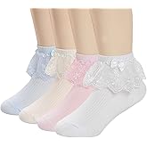 Looching 4/6 Pack Baby Toddler Girls Ruffle Socks White Lace Ruffle Frilly Eyelet Cotton Ankle Dress Socks for Little Kids