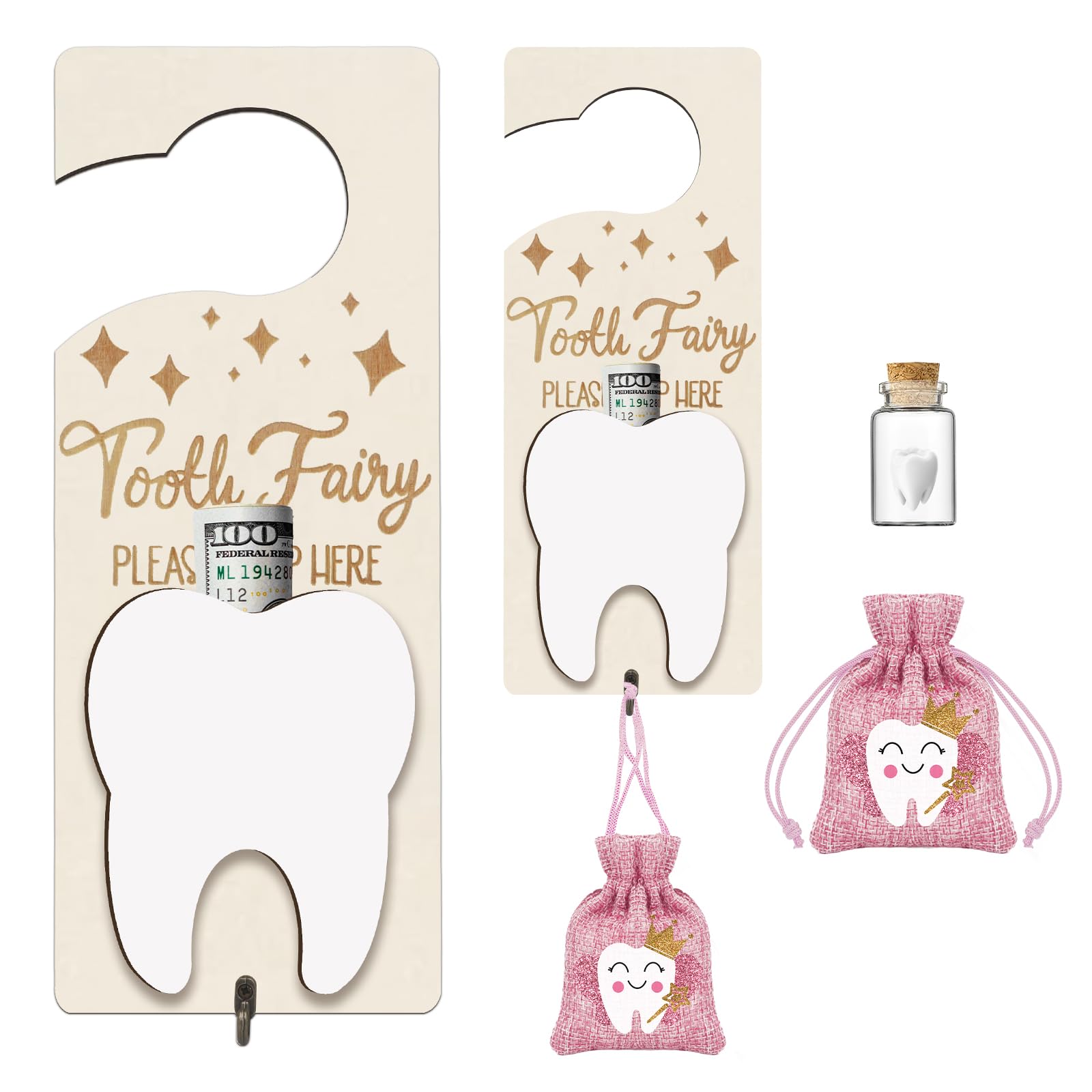 Photo 1 of AINBIN Tooth Fairy Tooth Holder, Tooth Fairy Door Hanger with Money Slot, Keepsake Bottle & Burlap Pouch for Lost Teeth, Encourage Gift for Boys Girls, Pink