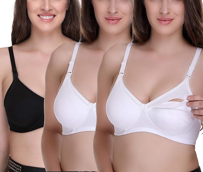 Women's Feeding Bra Full Cup Hosiery Cotton Breastfeeding Nursing Maternity (Multicoloured) Combo Pack of 3