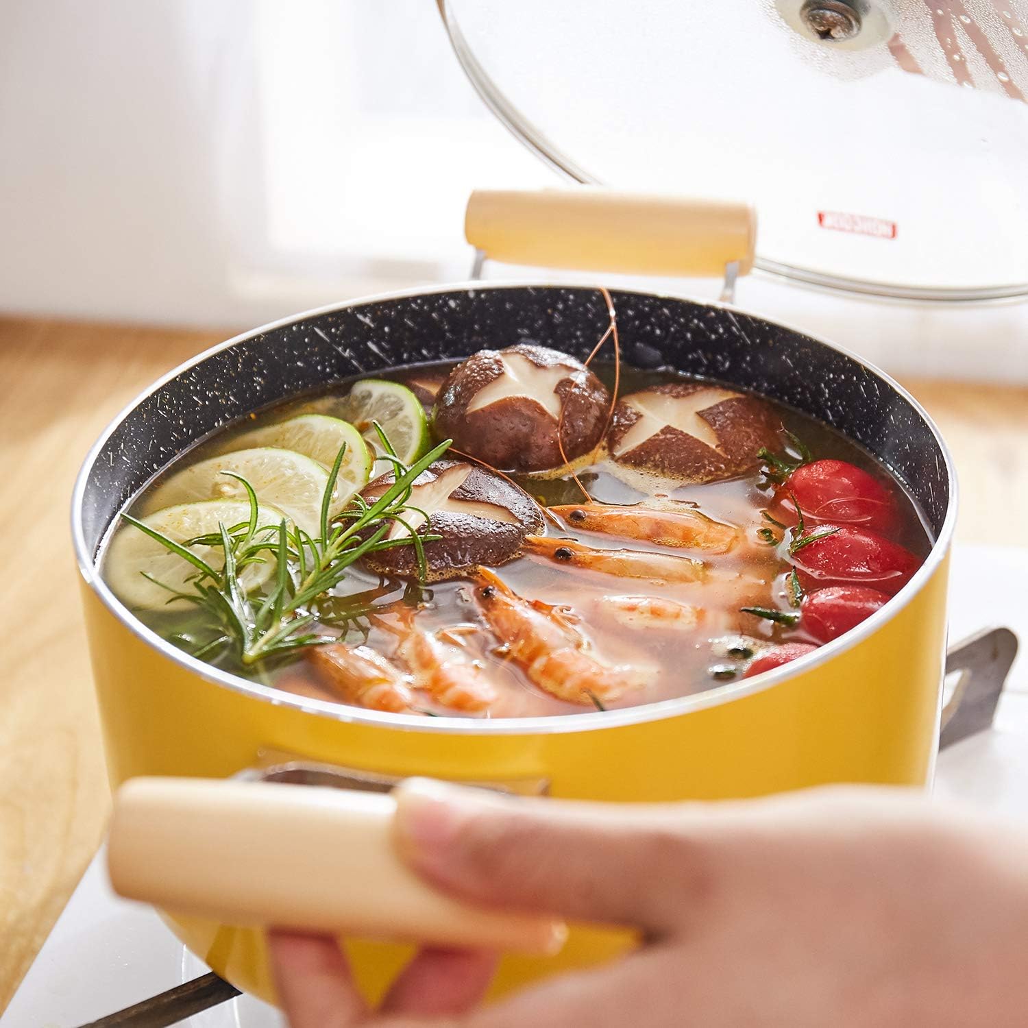 Stock Pot, ROCKURWOK Nonstick Soup Pot Pasta Cooking Pot with Lid, Cast Aluminum Casserole Dutch Oven with Double Wooden Handle, 3.3 Quart, Yellow: Kitchen & Dining