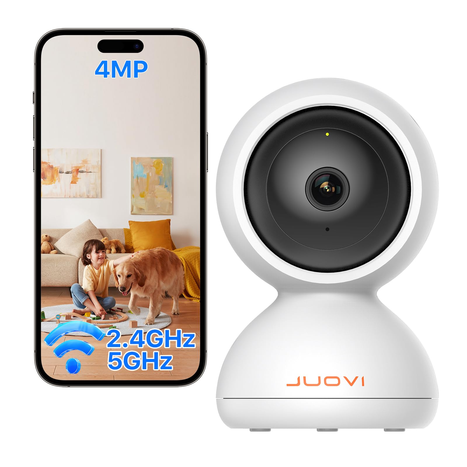 JUOVI 4MP Indoor Security Camera with 2.4/5 GHz WiFi, Pan Tilt Camera for Baby & Pet, 360° Home Security with App, Motion Detection & Tracking, Night Vision, 2-Way Audio, Privacy Mode (White)