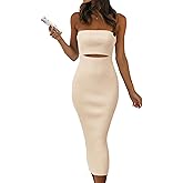 PRETTYGARDEN Women's Summer Midi Bodycon Dress Strapless Cut Out Knit Tube Long Fitted Dresses