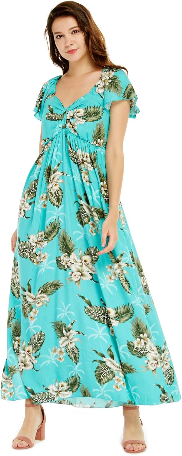 Women's Hawaiian Maxi Ruffle Sleeve Dress in Palm Green Turquoise