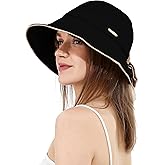 Sun Hat for Women Wide Brim Bucket Hats with Bow Ponytail Hole UV Protection Beach Cap for Summer UPF 50+