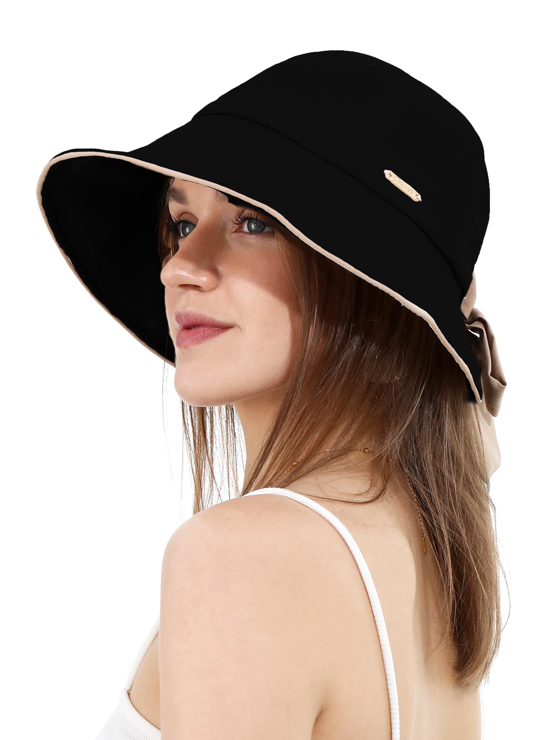 Photo 1 of Sun Hat for Women Wide Brim Bucket Hats with Bow Ponytail Hole UV Protection Beach Cap for Summer UPF 50+(Black)