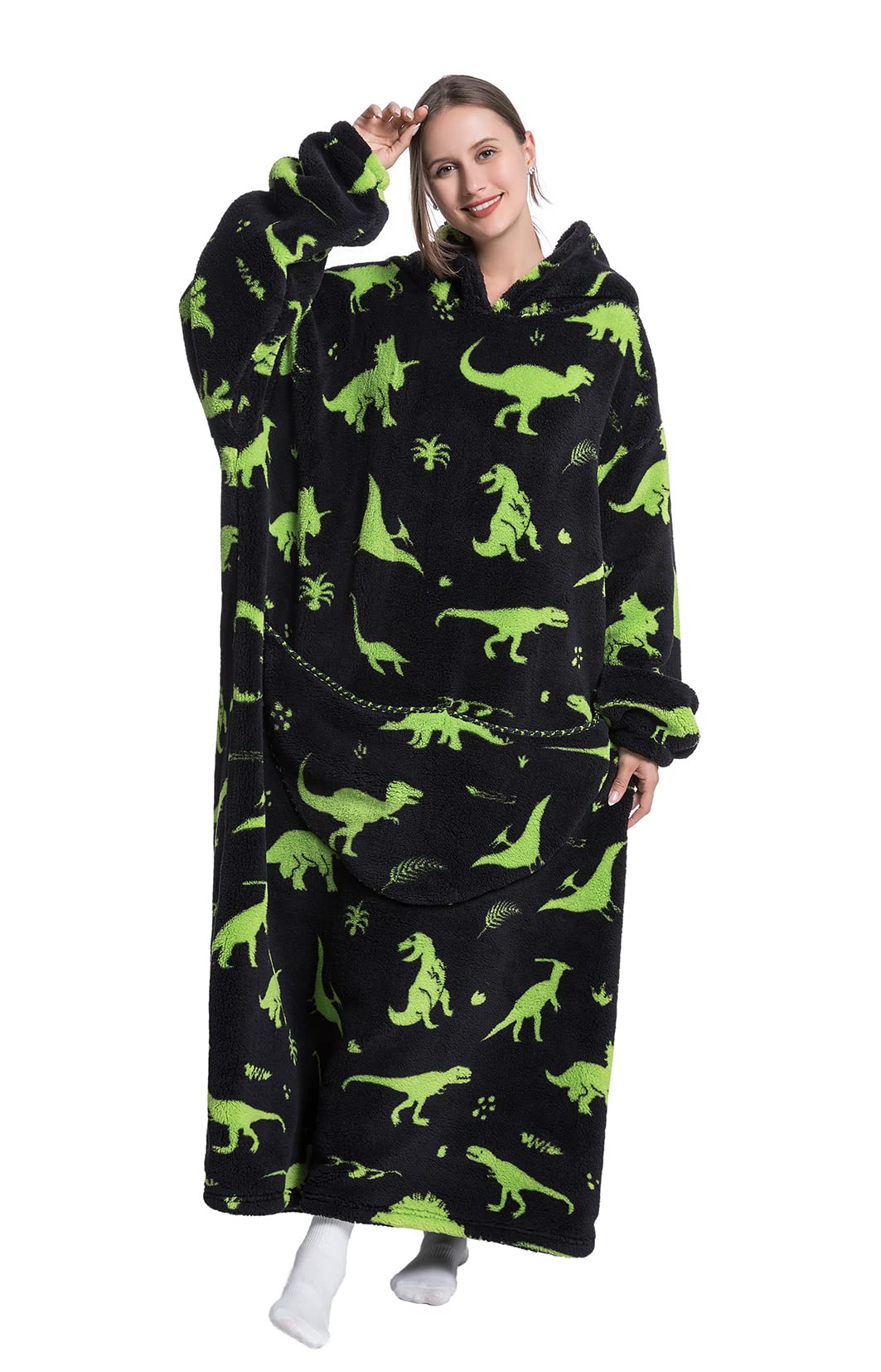 Seogva Extra Long Wearable Blanket Hoodie, Oversized Sweatshirt for Women and Men, Super Warm Cozy Giant Hooded, Thick Flannel with Sleeves Pocket (Green Dinosaurs)