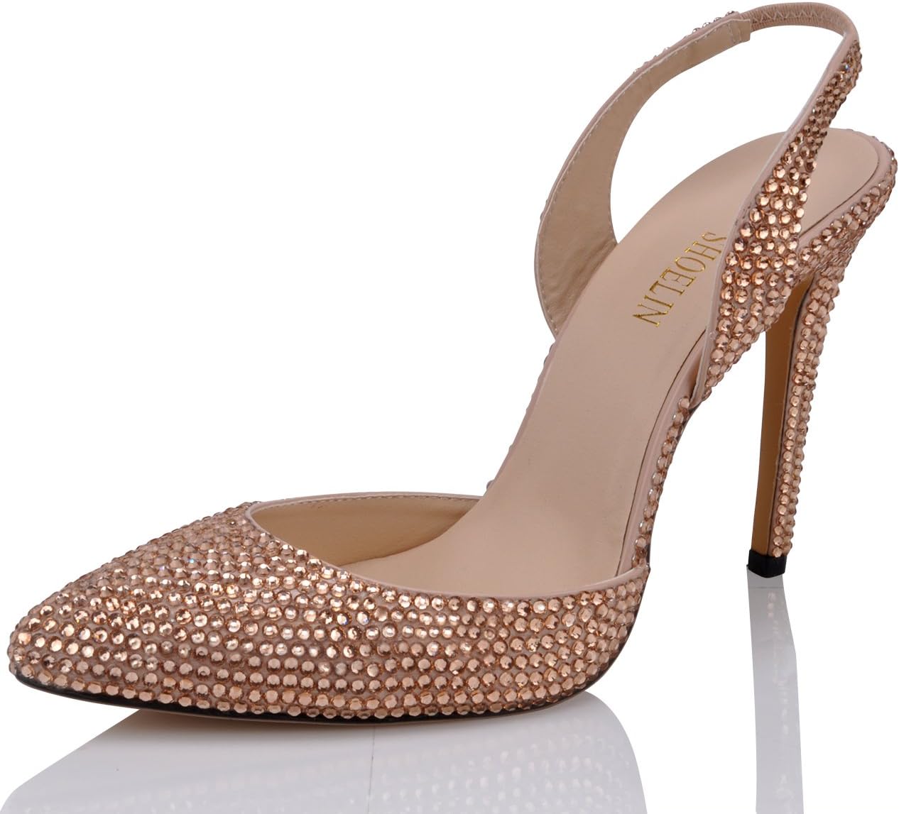 SHOELIN Stiletto Sandals, Champagne Sexy Rhinestone Crystal Slingback Heels Women Wedding Shoes
