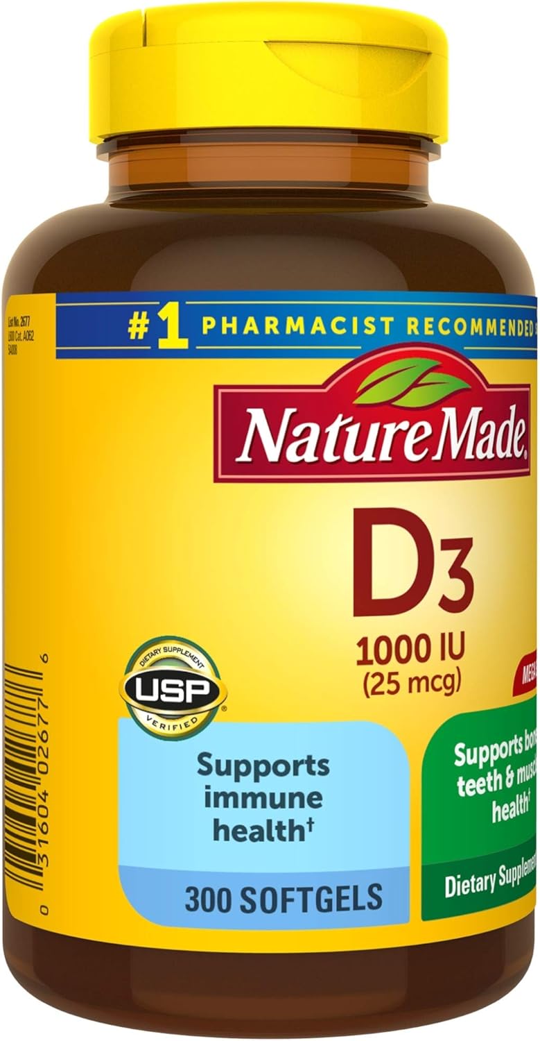 Nature Made Vitamin D3 1000 IU (25 mcg) Softgels, 300 Count for Bone Health† (Packaging May Vary): Health & Personal Care