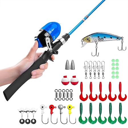 Kinder Angelrute, Teleskop Angelrute und Reel Combos mit Spincast Angelrolle und String mit Angelschnur (Schwarz-1,2 M)