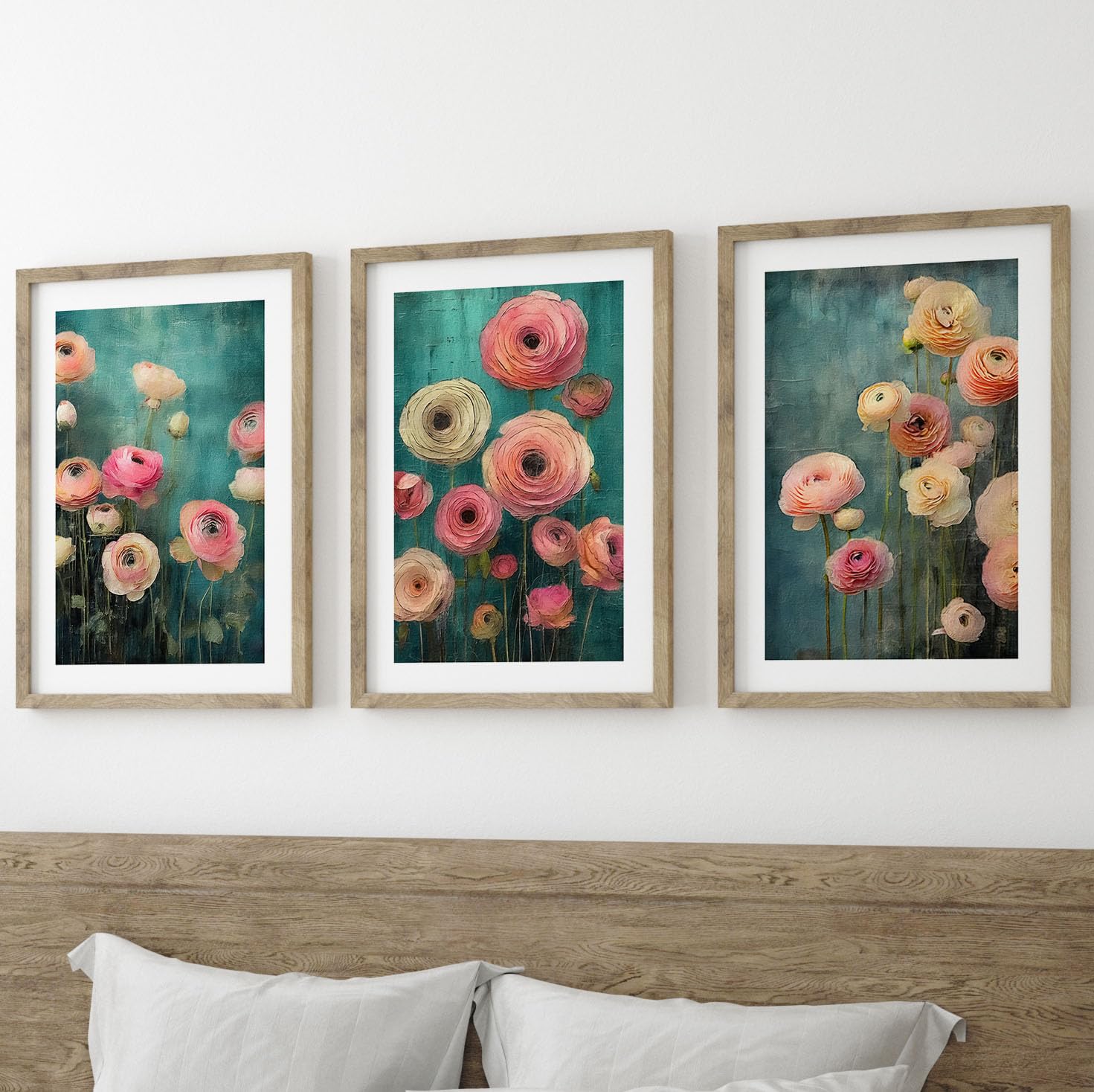 Texture Style Brightly Coloured Ranunculus Flowers Wall Art Set of 3 Unframed Poster Prints, Botanical Plant Decor, Living Room Bedroom Bathroom Poster Home Decor, Buttercups, Pink White Teal (A3) — image 1