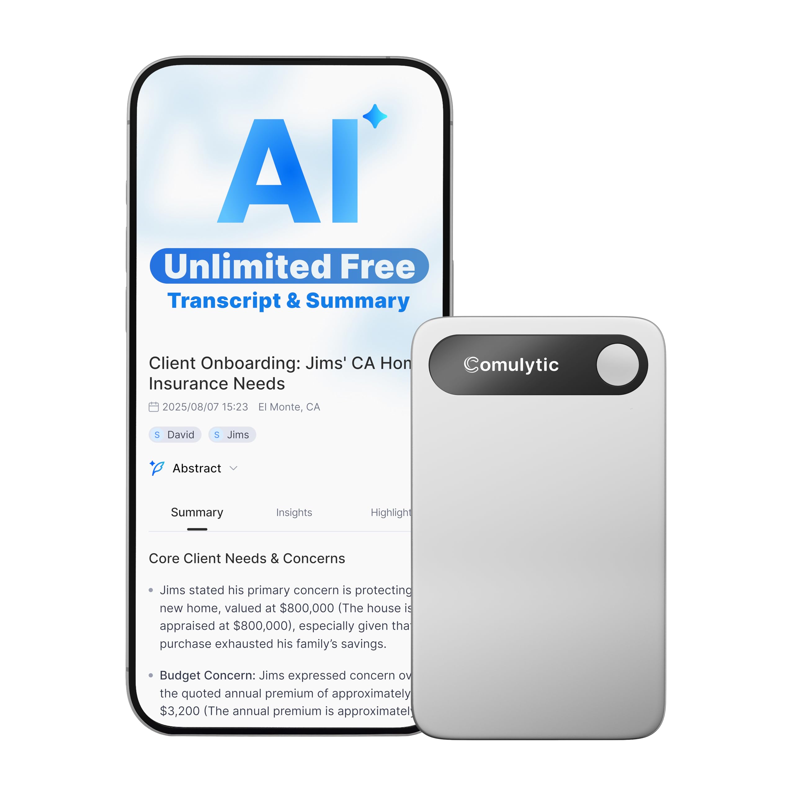Photo 1 of Comulytic Note Pro AI Voice Recorder, Unlimited Transcribe & Summarize, One Tap Recording Device with AI Note Taking, Support 113 Languages, 64GB, Audio Recorder for Calls, Meetings, Lectures, Silver