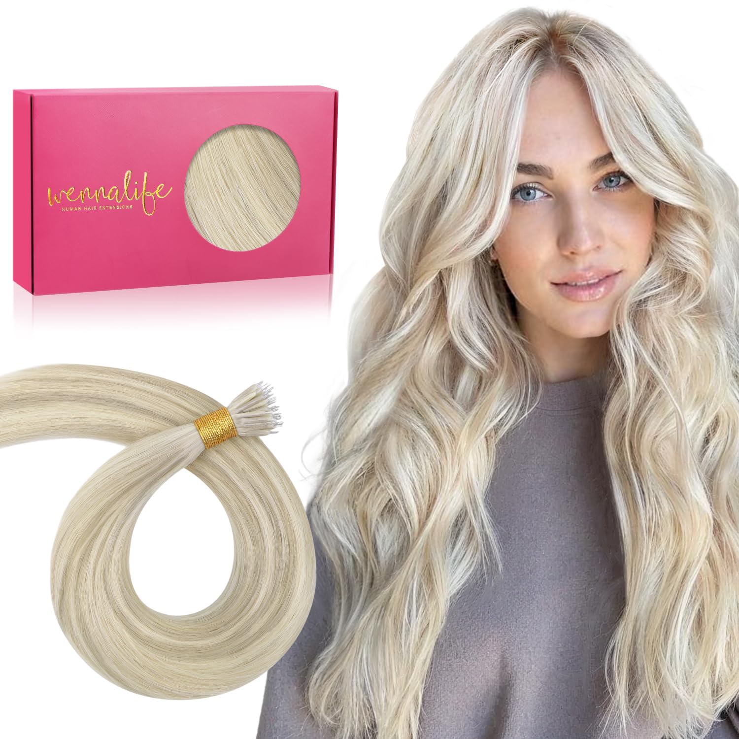 WENNALIFE Nano Hair Extensions Real Human Hair, 14 Inch 50g 100s Ash Blonde Highlighted Platinum Blonde Nano Beads Hair Extensions Invisible Nano Ring Real Hair Extensions for Women — image 1