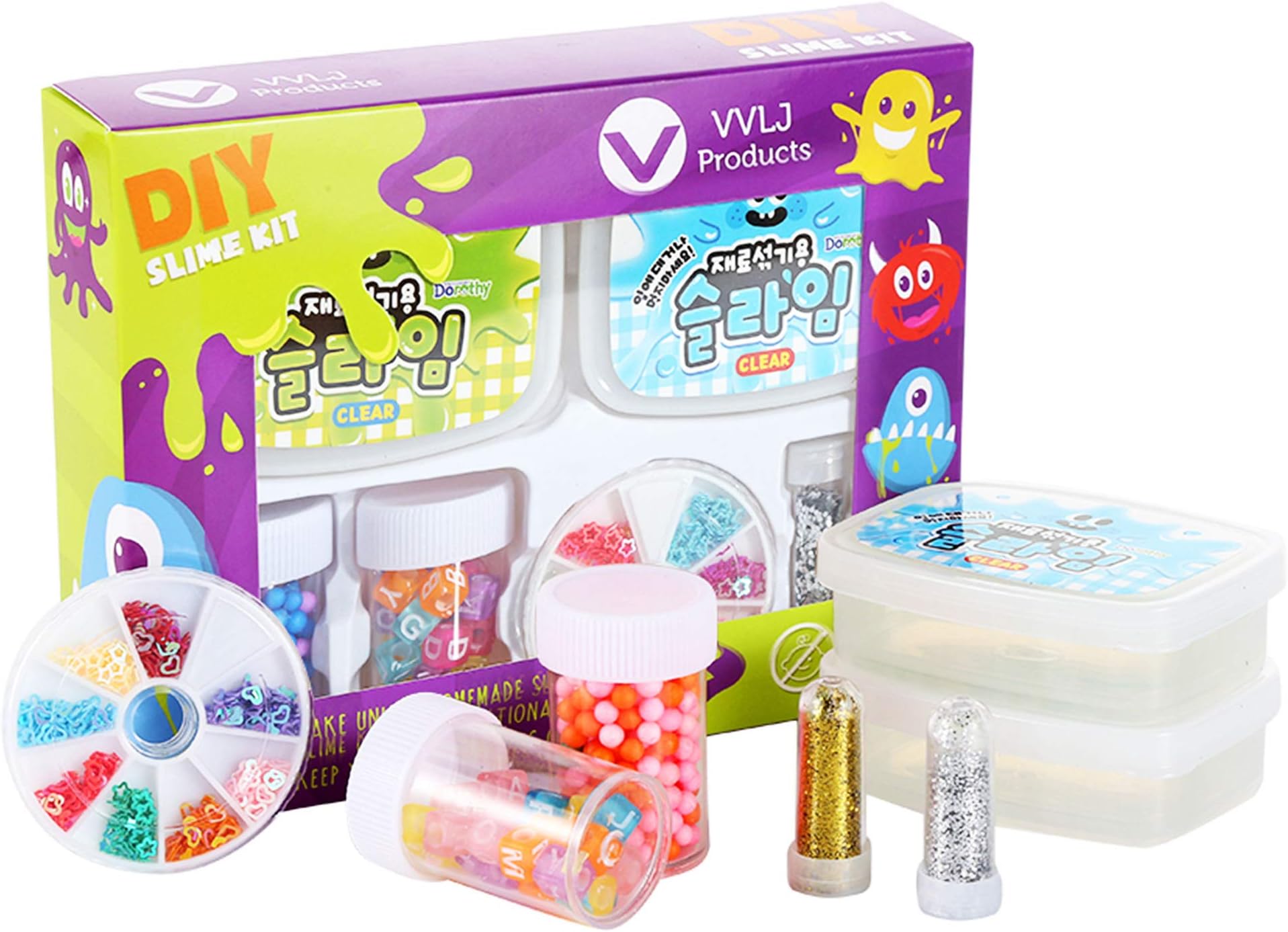 vvljproducts DIY Slime Kit for Kids – Making Supplies with Clear Slime, Colorful Beads & Foam Balls, Cute Decorations, Holographic Glitter & Storage Containers – Great Gift for Boys & Girls