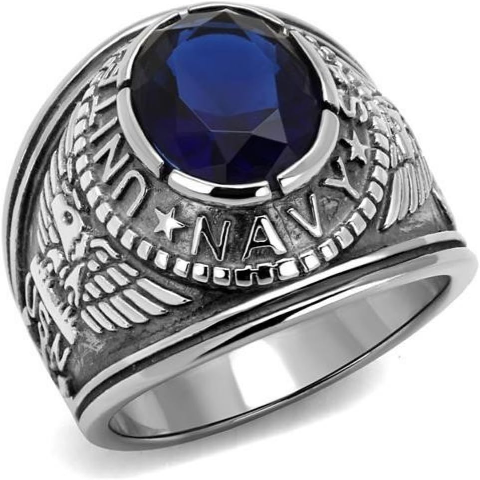Marshal Imports Stainless Steel United States Navy Sapphire Military Ring, Size, 8,9,10,11,12,13