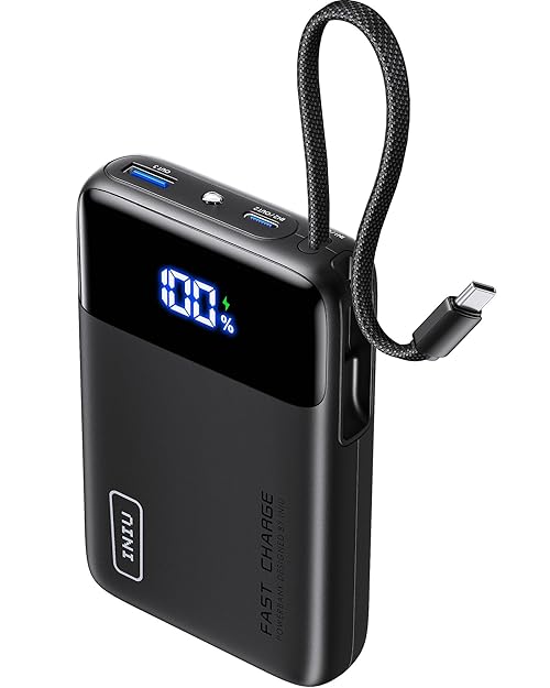 INIU Power Bank, Smallest 20000mAh 45W PD Portable Charger Fast Charging with Built in Cable, USB C in&Out Battery Pack, Travel Essential, Mobile Phone Power Banks for iPhone 17 16, Samsung, iPad etc