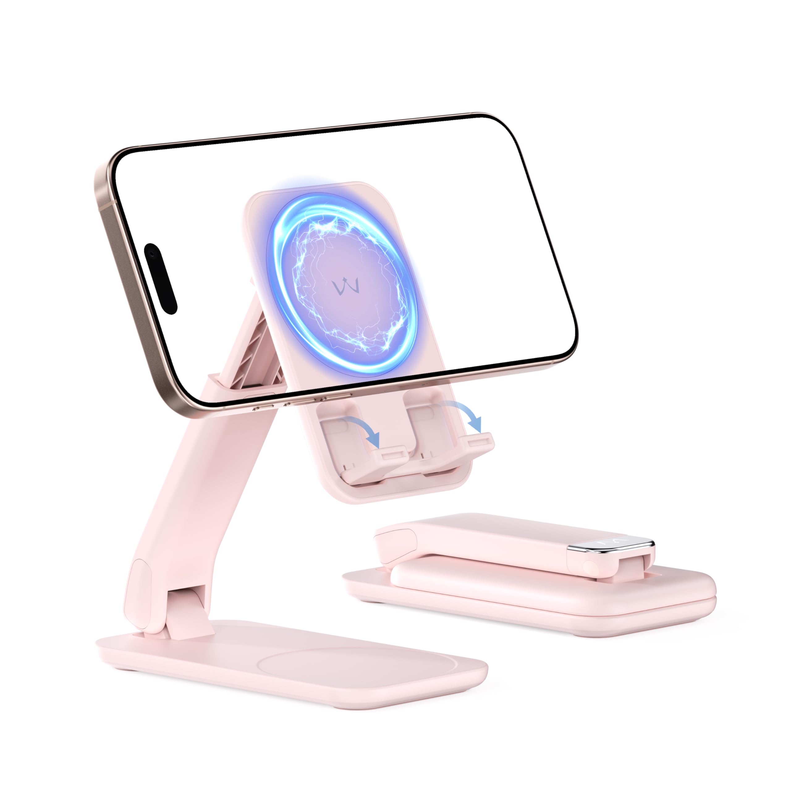 iWALK Magnetic Cell Phone Stand for Desk, Angle and Height Adjustable Mobile Phone Holder, Foldable Magnet Stand for iPhone 17 16 15 14 13 12 Pro Max and iPad, Cell Phone Holder for Samsung, Pink