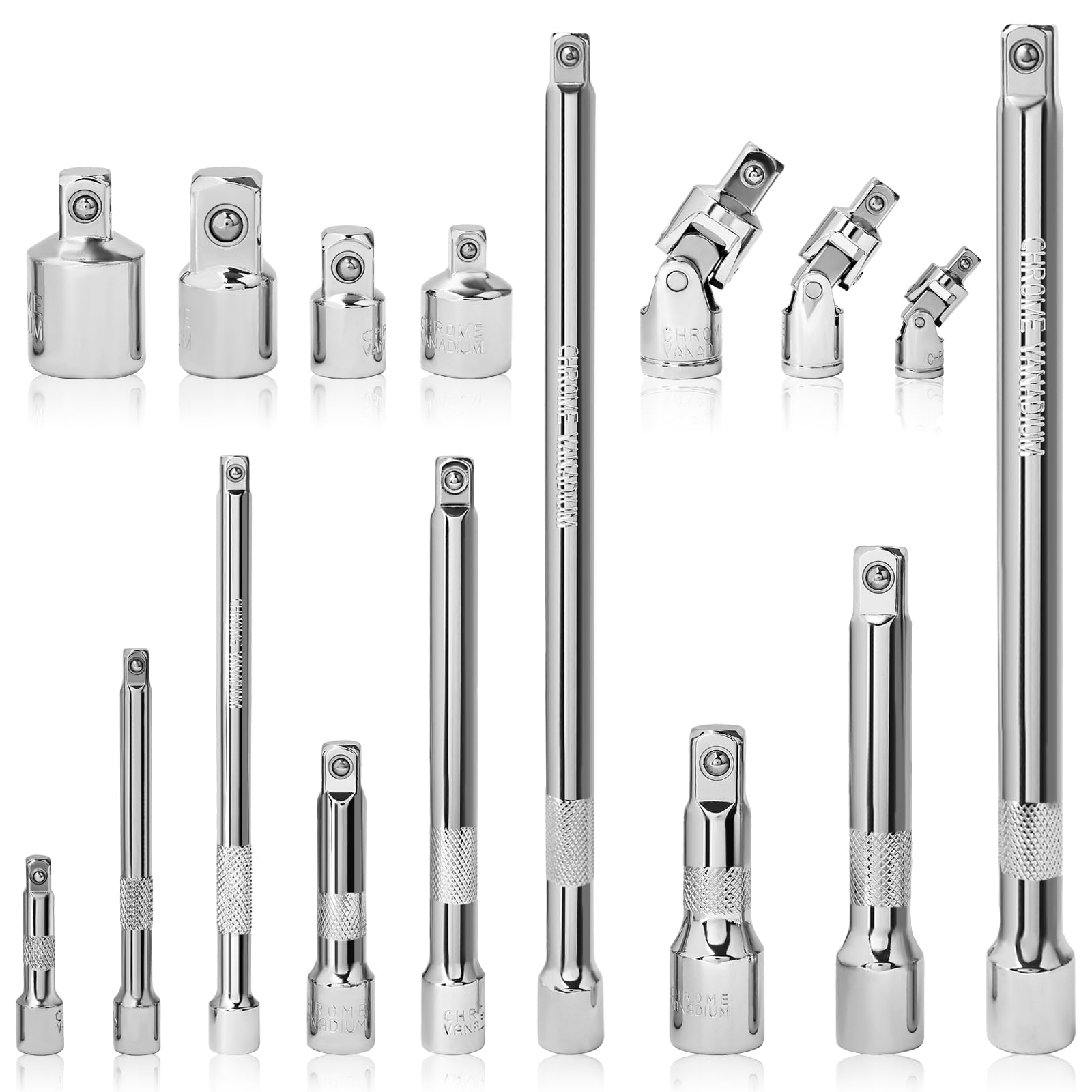 Hakkin Impact Socket Extension Bar Set 16Pcs 1/2” 3/8” 1/4” Drive Extensions Socket Tool with Universal Joints, Impact Socket Adapter Set for Electric Wrench, Ratchet Wrench