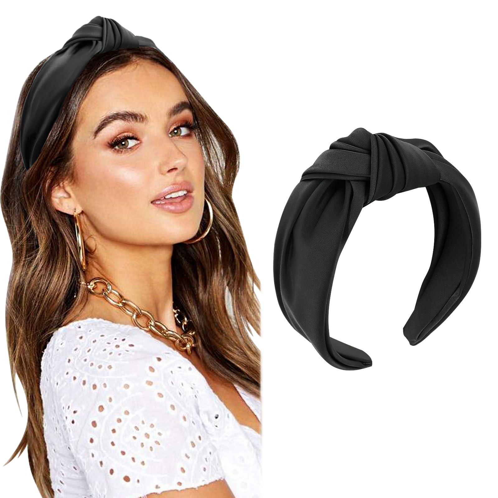 DRESHOW Headbands for Women Girls Knotted Elastic Hair Band Fashion Fabric Hairbands Cute Top Knot Head Band Plain Black