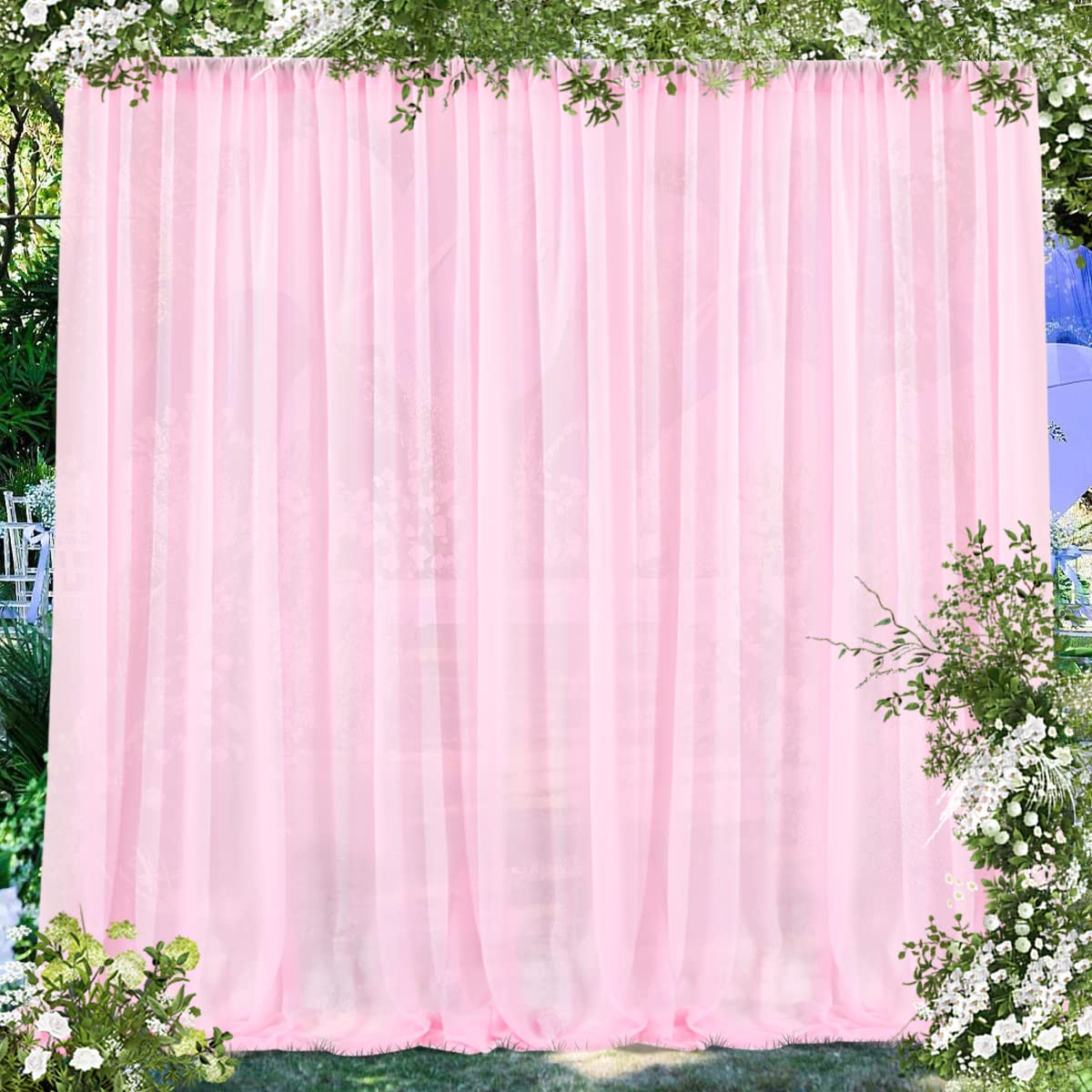 Photo 1 of PARTISKY 10x7ft Pink Chiffon Backdrop Curtains, Wrinkle-Free Sheer Fabric Photo Drapes for Wedding Ceremony Arch Birthday Baby Shower Photography Stage Decor 5x7ft, 2 Panel