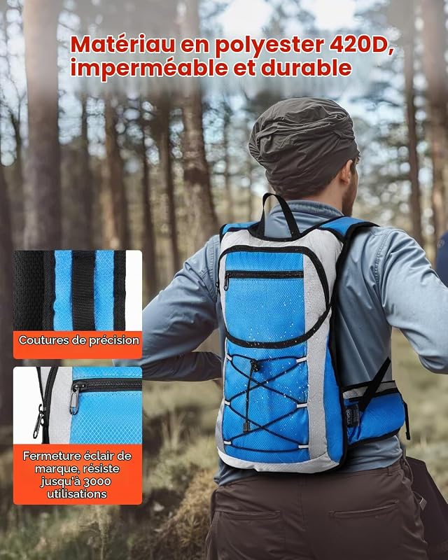 Sac à dos d'hydratation 15 L, sac à dos d'eau isolé avec poche à eau en TPU 3 L, sac à dos de randonnée avec rangement pour homme et femme, pour randonnée, course à pied, cyclisme, camping, bleu