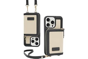 ZVE Crossbody Wallet Case for iPhone 14 Pro Detachable Wrist Strap Zipper Leather Protected Case Card Holder, Compatible with iPhone 14 Pro 6.1-inch Purse Cover Gift (Black with Beige)