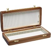 United Scientific&trade; Wooden Microscope Slide Box, 50 Slots with Hinged Lid | Numbered slots, Secure clasp closure, Fits 25x75mm slides, Natural wood construction, Includes contents sheet