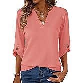 Kistore Womens 3/4 Length Sleeve Tunic Tops Casual V Neck Shirts Business Work Blouses Trendy Flowy Tees