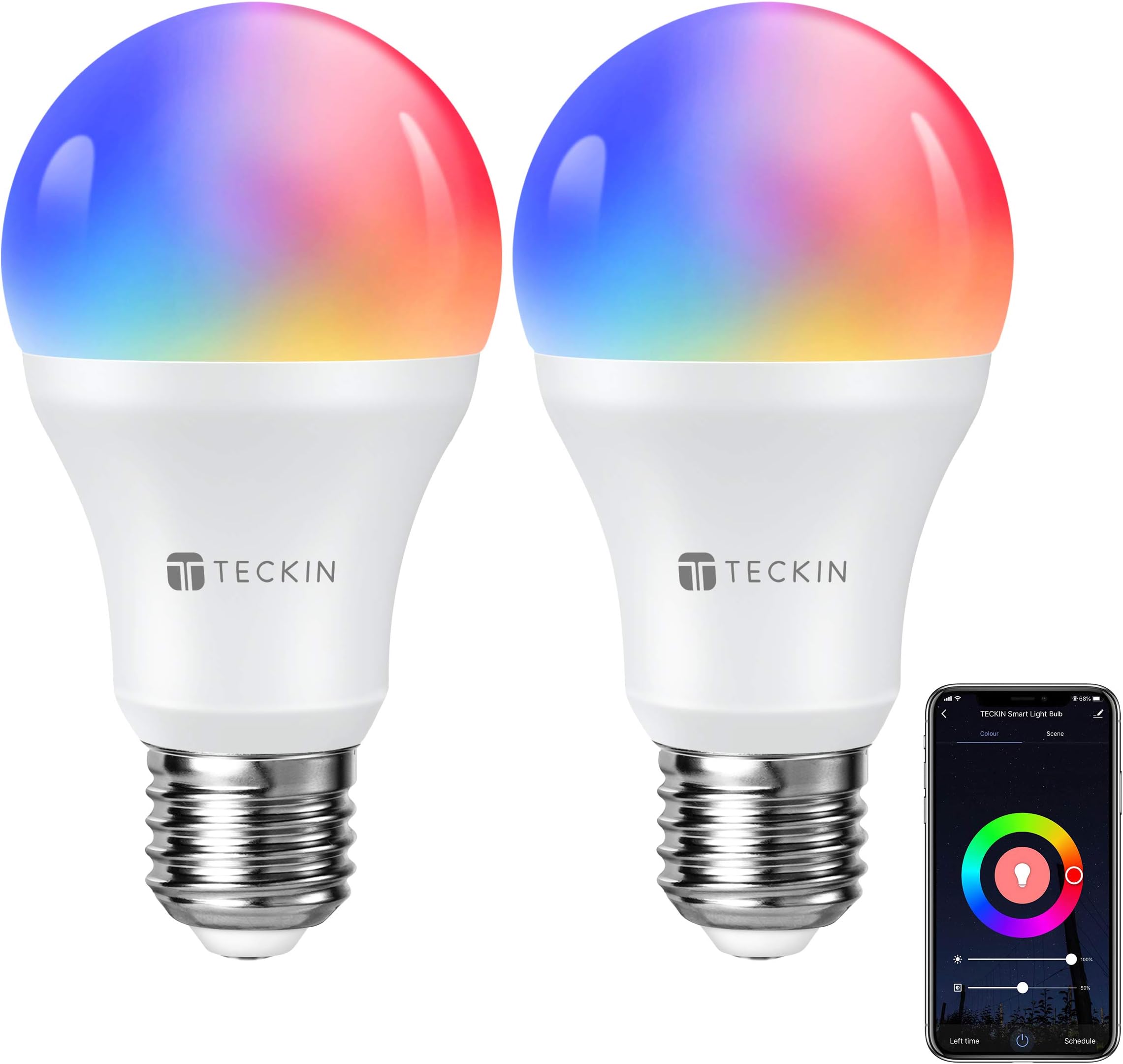 TECKIN Smart Light Bulb, E26 WiFi LED Bulbs Work with Alexa, Google Home (No Hub Required), Dimmable RGBW 7.5W (75W Equivalent),16 Million Colors Changing, 800 Lumen, 2700K-6500K, 2 Packs
