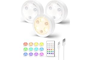 EZVALO 3 Packs, Puck Lights with Remote, 1200mAh Rechargeable Tap Light, RGB LED Display Lighting, Wireless Closet Light, Und