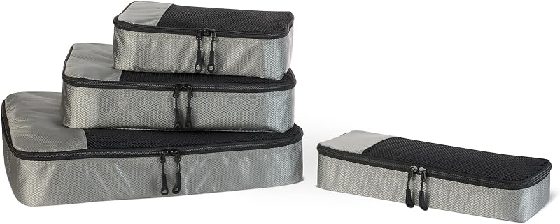 , Set di 4 Packing Cube, Accessori da Viaggio, Organizer per Bagagli con Doppia Cerniera, Parte Superiore in Rete, 100% Poliestere, S/M/L/Slim, Grigio (in Precedenza Amazon Basics)