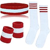 Sucrain 5 Pieces Striped Sweatbands and Socks Set, Sports Sweatbands Wrist Sweat Bands Red, White& Blue High Tube Socks 80s Accessories Costumes for Men Women