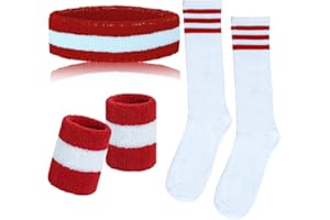 Sucrain 5 Pieces Striped Sweatbands and Socks Set, Sports Sweatbands Wrist Sweat Bands Red, White& Blue High Tube Socks 80s Accessories Costumes for Men Women