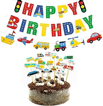 Amazon Com One Set Transportation Happy Birthday Banner And 18