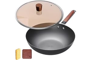 WANGYUANJI 12.6-Inch Carbon Steel Wok – Traditional Chinese Stir Fry Pan, Naturally Non-Stick, No Chemical Coating Iron Wok, 