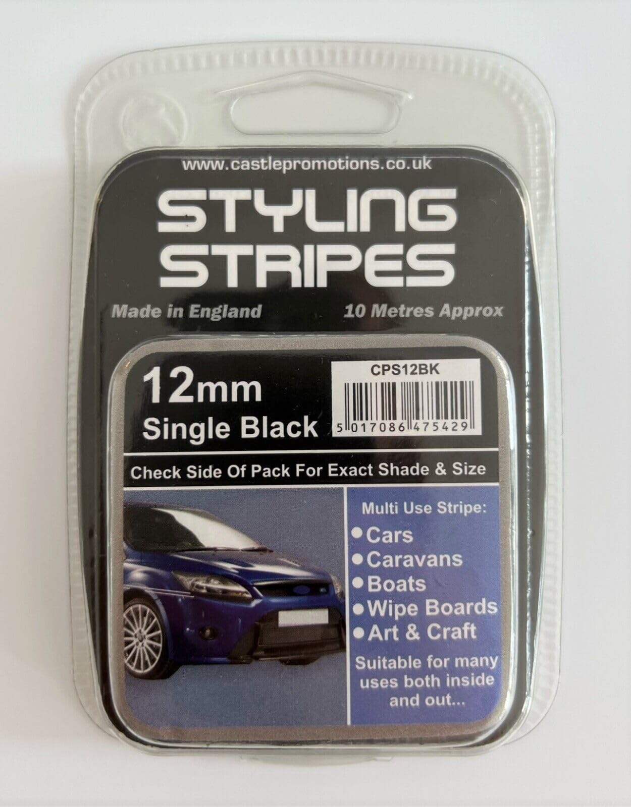 Pin Stripe 12mm x 10mtr Self Adhesive Car Pin Stripe Black - White - Red - Gold - Silver Coach Tape Styling Stripe (Black)